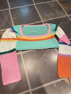Colorblock Crocheted Crop Top - Mint, Pink & Orange